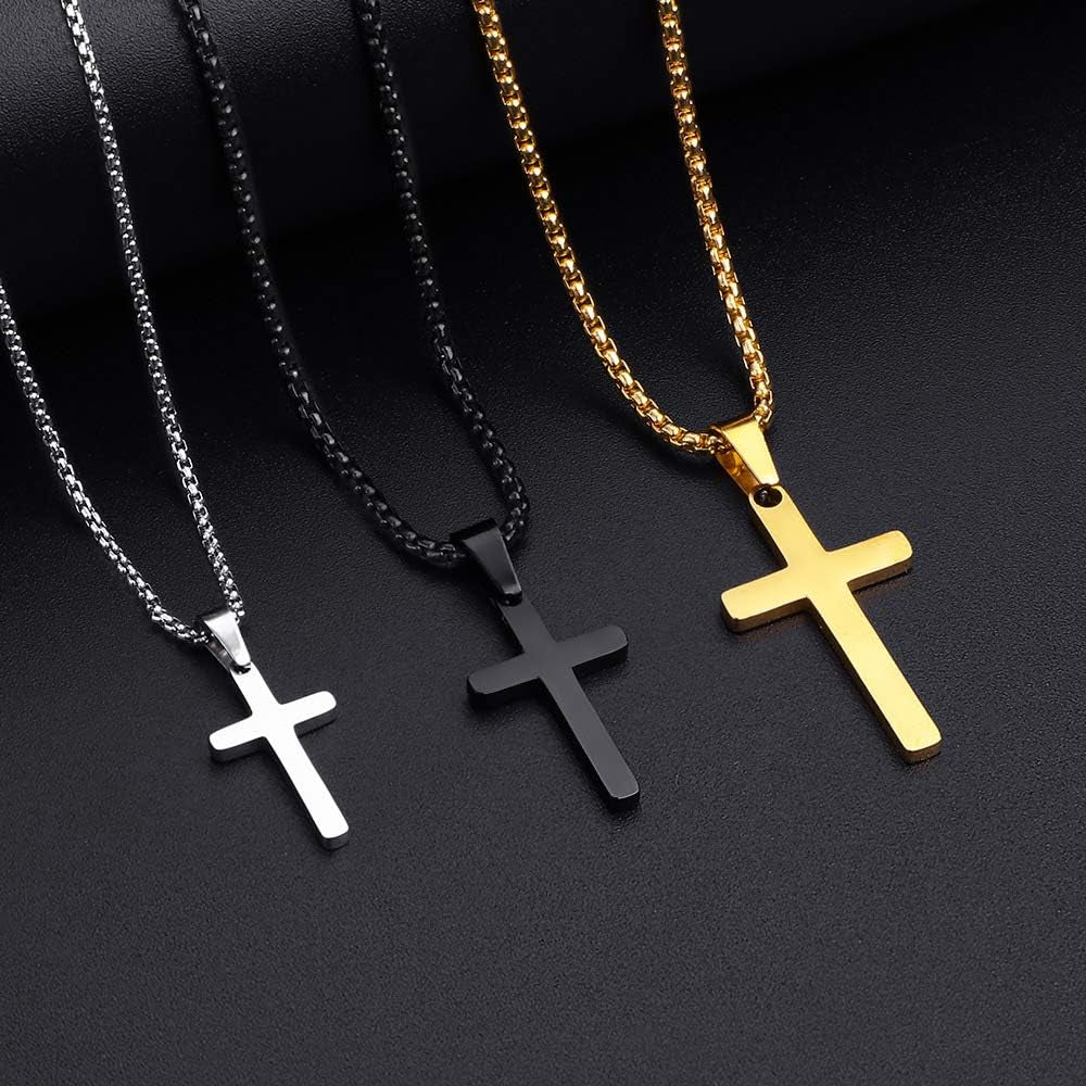 mens cross necklace jewelry made from stainless steel in silver, black, and gold