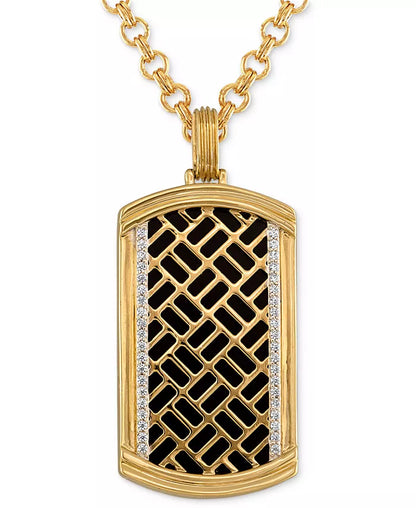 Onyx & Diamond (1/4 Ct. T.W.) Brick Pattern Dog Tag 22" Pendant Necklace in 14K Gold-Plated Sterling Silver, Created for Macy'S