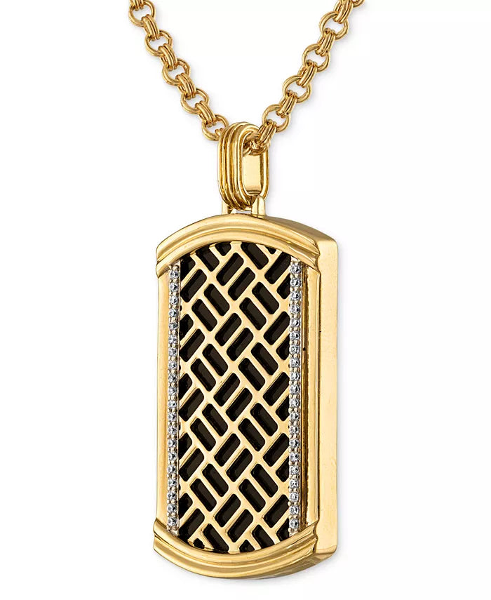 Onyx & Diamond (1/4 Ct. T.W.) Brick Pattern Dog Tag 22" Pendant Necklace in 14K Gold-Plated Sterling Silver, Created for Macy'S