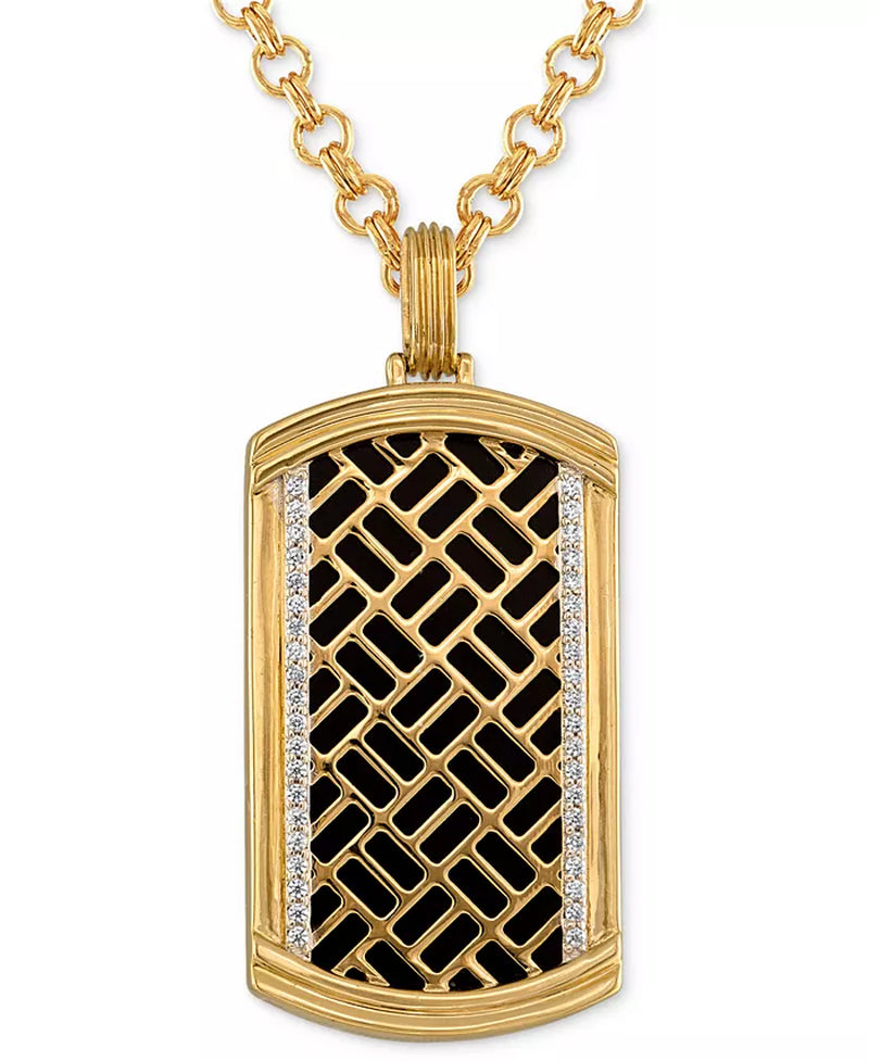 Onyx & Diamond (1/4 Ct. T.W.) Brick Pattern Dog Tag 22" Pendant Necklace in 14K Gold-Plated Sterling Silver, Created for Macy'S