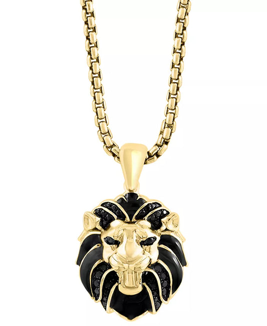 Men'S Black Spinel Lion 22" Pendant Necklace (3/8 Ct. T.W.) in 14K Gold-Plated Sterling Silver