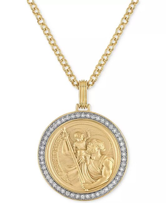 Diamond St. Christopher Medallion 22" Pendant Necklace (1/4 Ct. T.W.) in 18K Gold-Plated Sterling Silver, Created for Macy'S