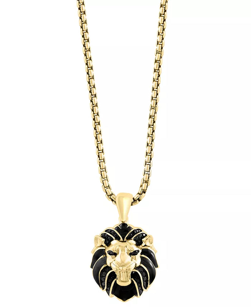 Men'S Black Spinel Lion 22" Pendant Necklace (3/8 Ct. T.W.) in 14K Gold-Plated Sterling Silver