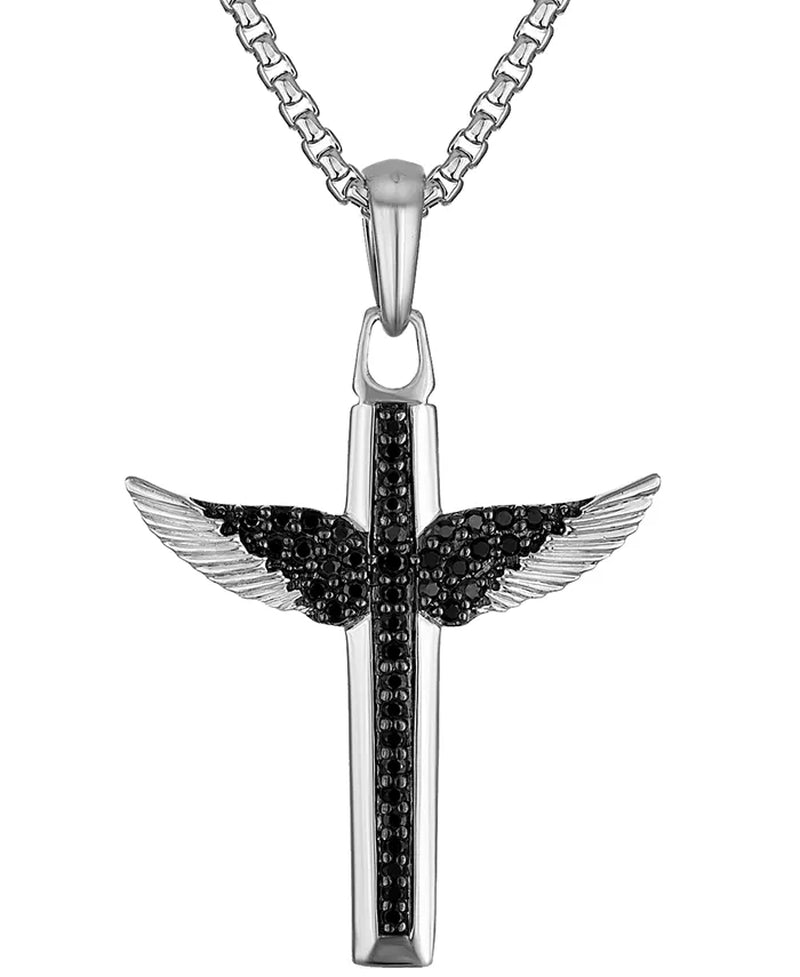 Marc Anthony Men's front close up sterling silver black diamond angel wing cross pendant