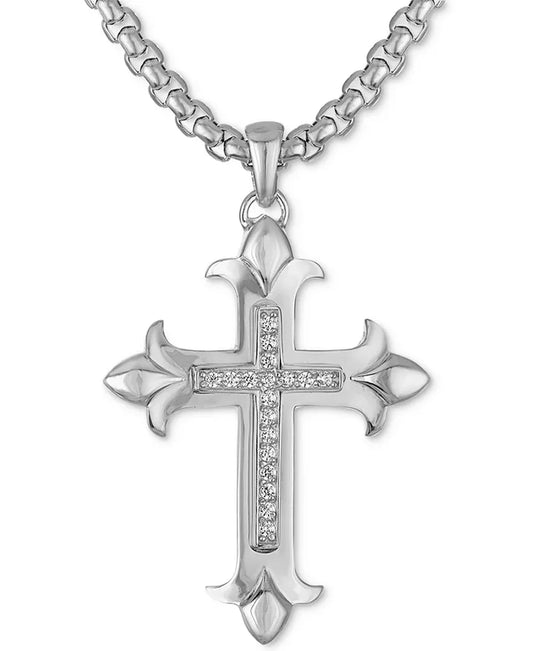 Pictured top-down of a diamond cross pendant with flourish edges on a sterling silver chain