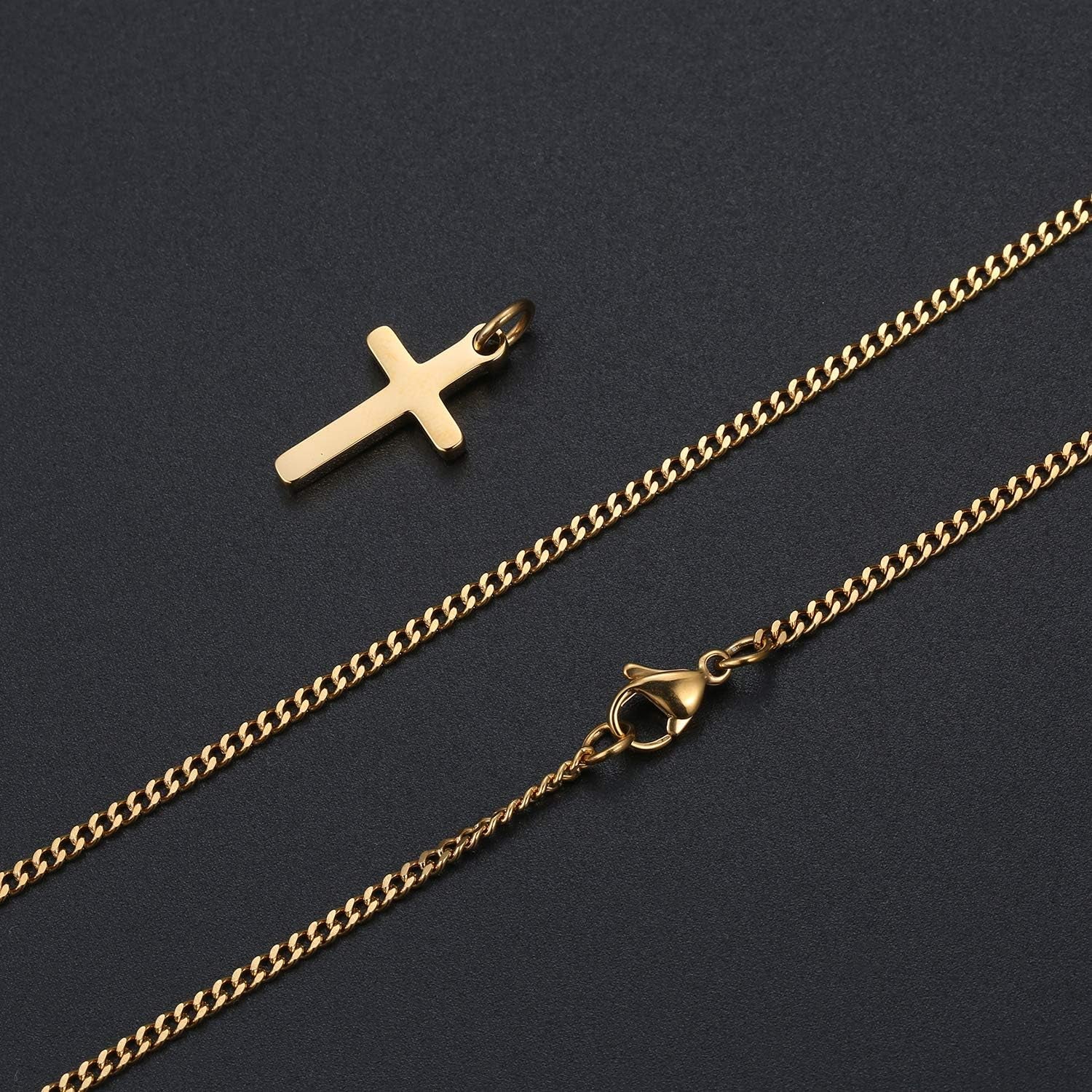 Pictures from top down of gold cross pendant next to gold chain necklace on a black background