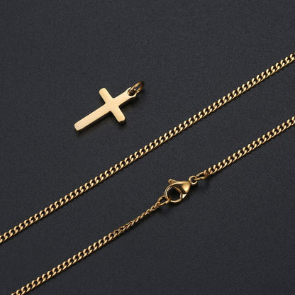 Pictures from top down of gold cross pendant next to gold chain necklace on a black background