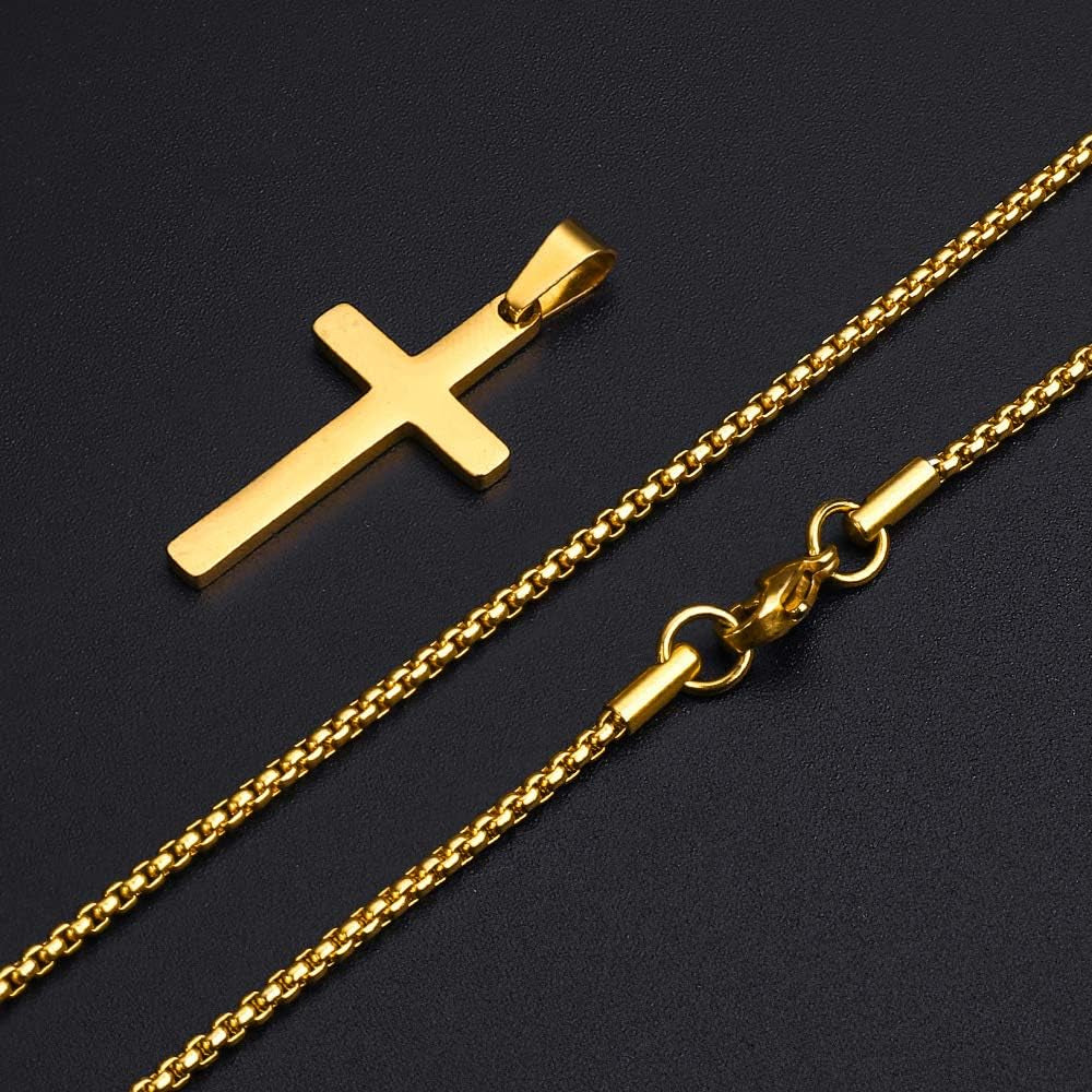 pictured top down from the right is a cross necklace  with the pendant separately disconnected 