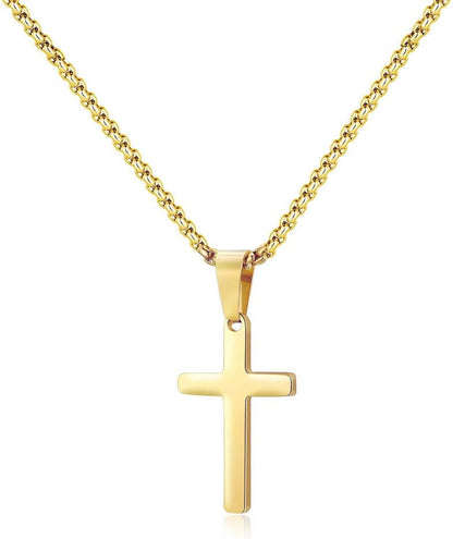 pictures from the front hanging gold cross necklace on white background