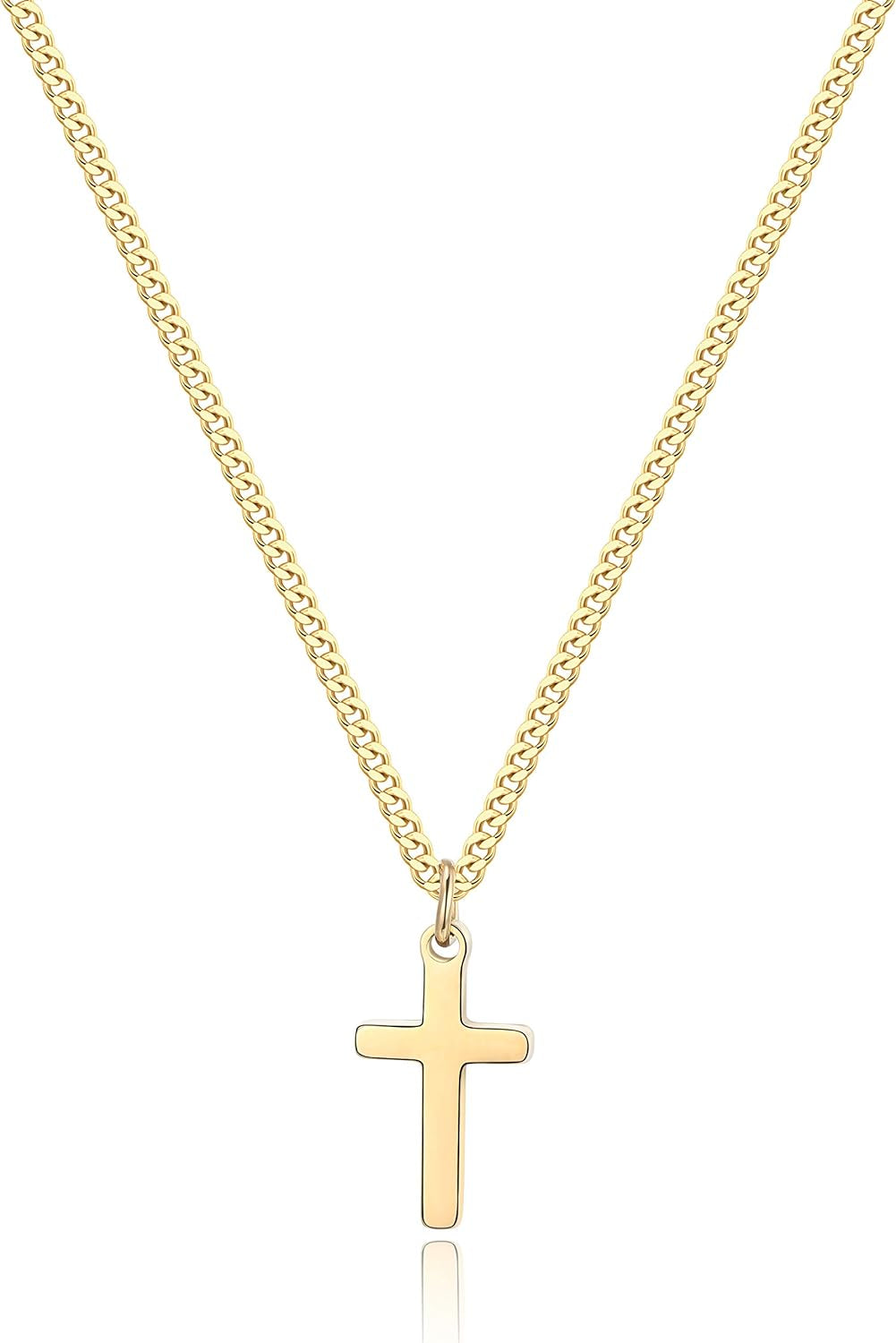 pictures from the front hanging gold cross necklace on white background