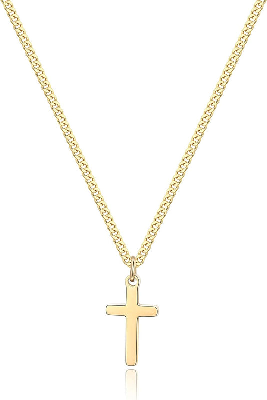 pictures from the front hanging gold cross necklace on white background