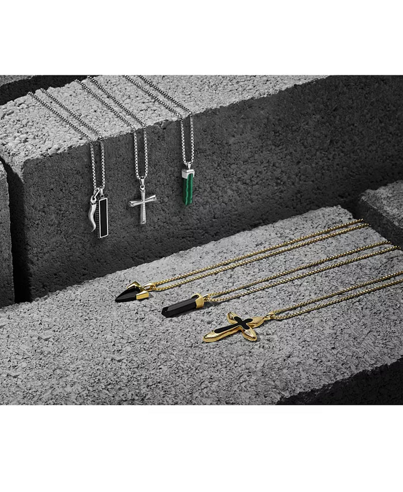 Picture of 6 necklaces side by sode. One of which is a Men'S Icon Black Agate Cross Pendant Necklace in 14K Gold-Plated Sterling Silver, 24" + 2" Extender