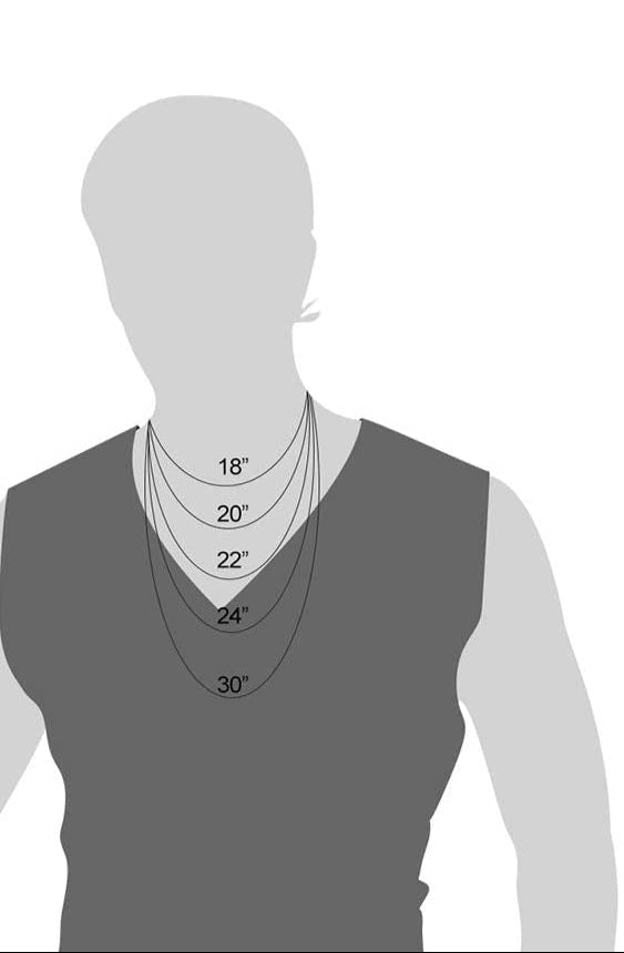 grayscale picture showing the size of five different necklaces on a man. Ranging form 18" to 30"