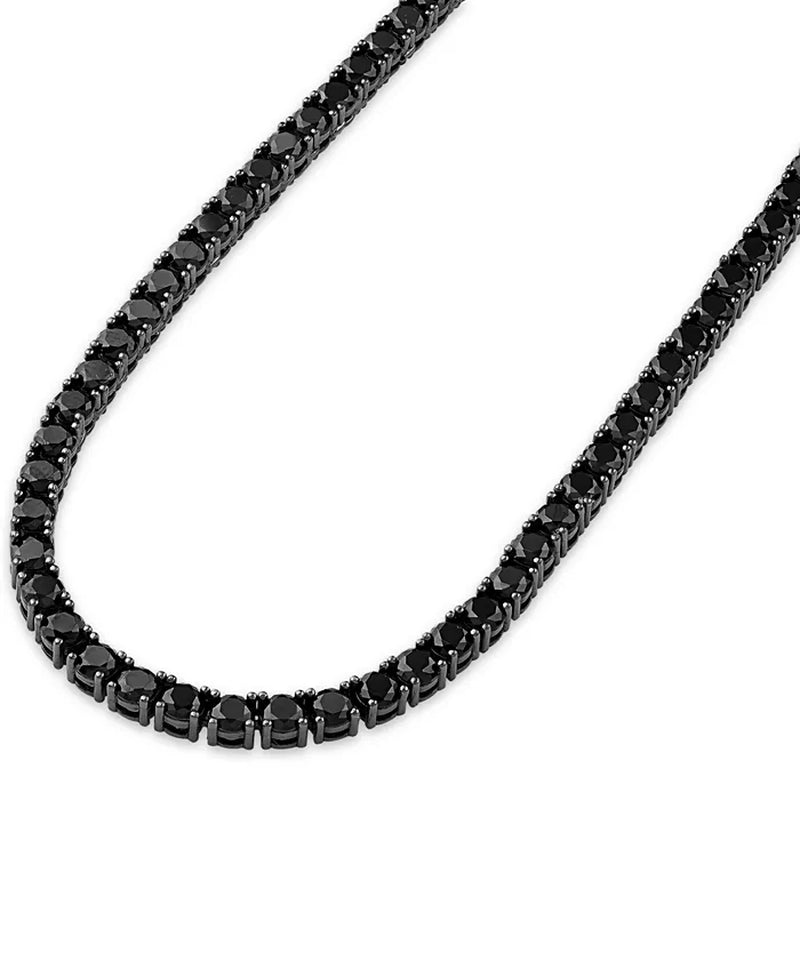 Pictured from the right close a black diamond tennis necklace chain with 4 prong setup