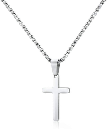 picture from the front of a hanging stainless steel mens cross necklace with a silver box chain