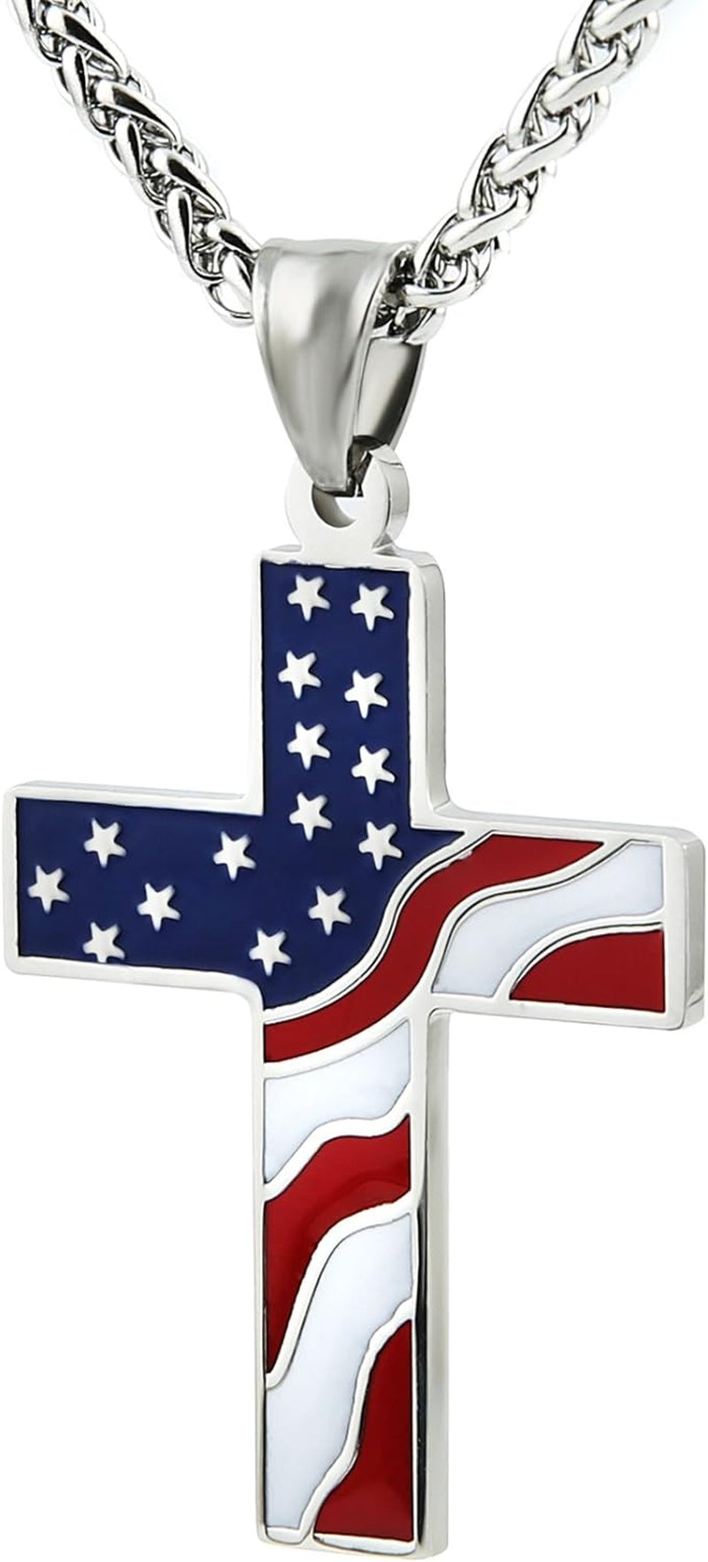 ultra close up and front-facing picture of the American flag pendant. Durable men's jewelry made from stainless steel