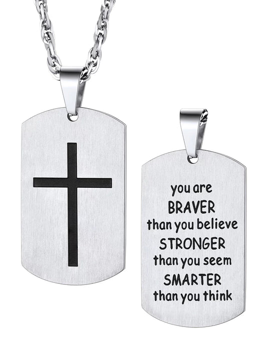 Men Cross Tag Necklace Stainless Steel Dog Tag Pendant, You Are Braver Stronger Samarter Inspirational Jewelry Gift for Brother Nephew Son Dad