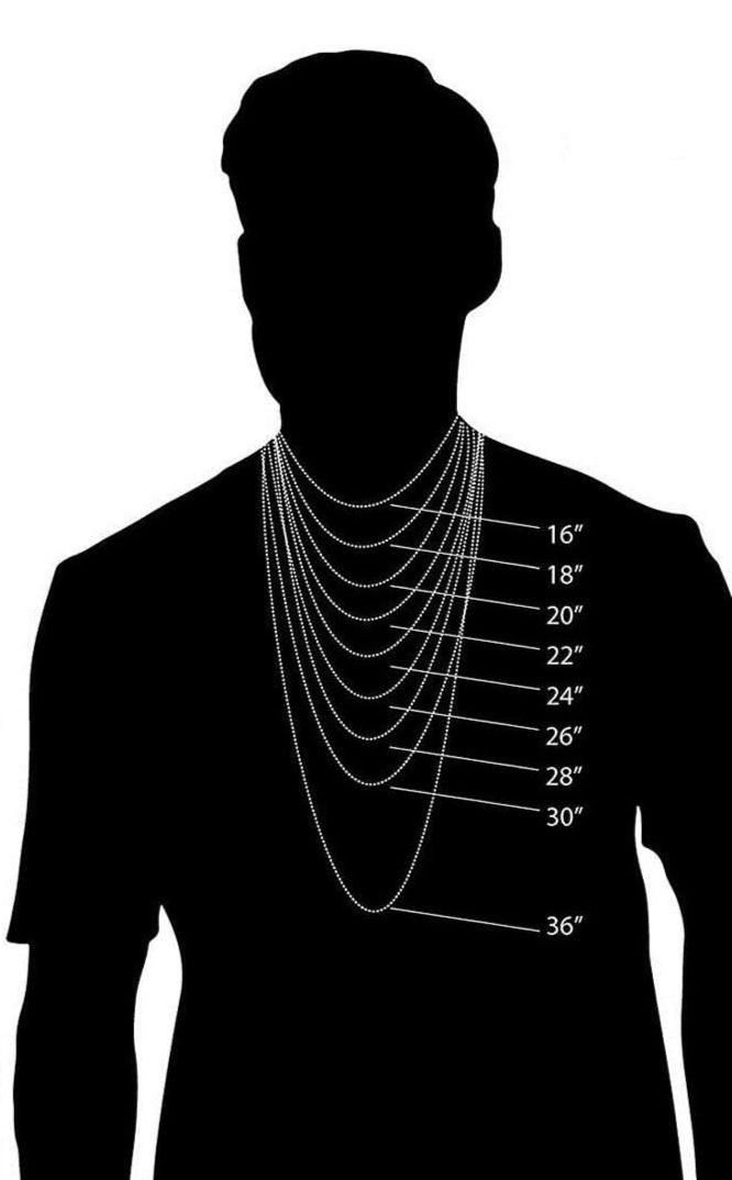 black and white picture of a man depicting what different lengths of necklaces would look like from 16" to 24: