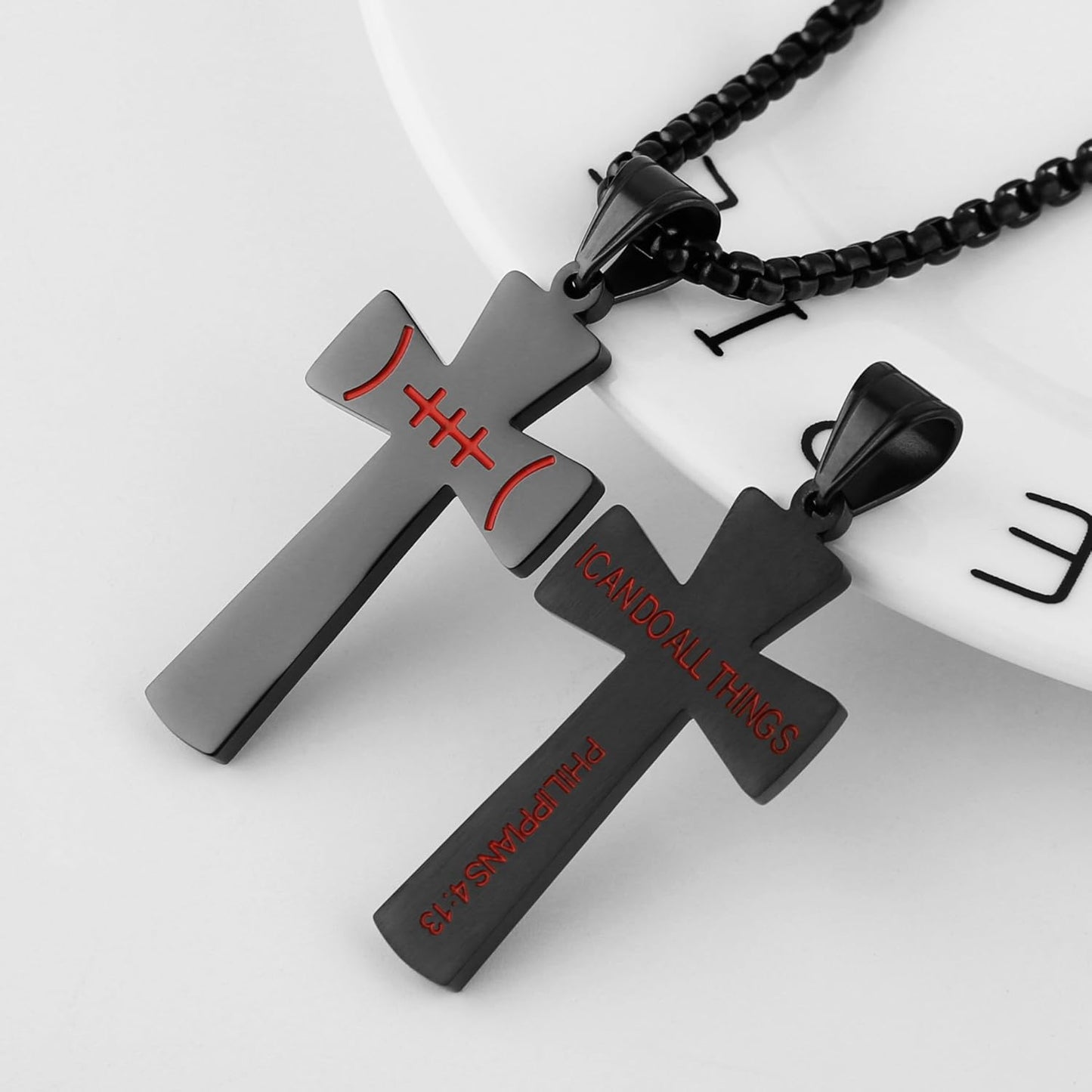 Black football cross pendant for men with Christian bible scripture quote on the back